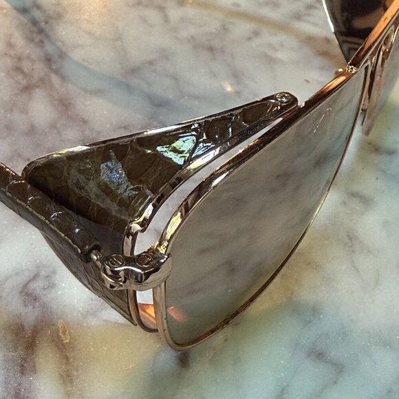 Linda Farrow Rose Gold Titanium Snakeskin Folding Blinker Aviator Sunglasses